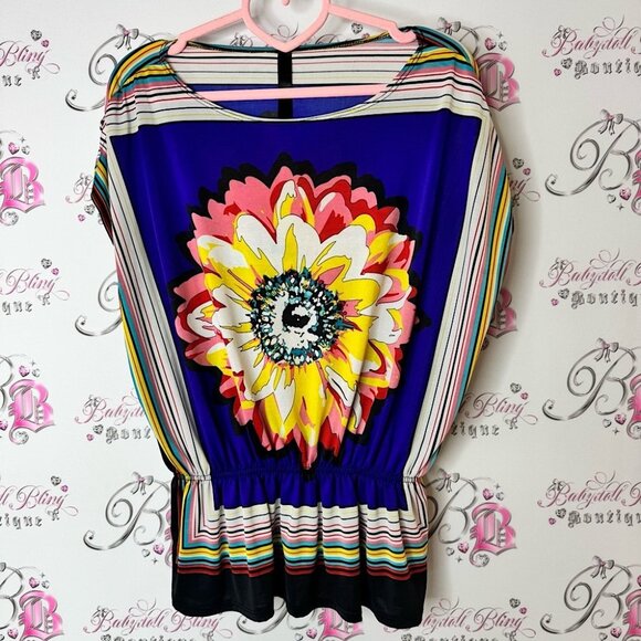 Isabella Rodriguez top peplum striped flower Blue Floral Stripe Blouse - Picture 1 of 7